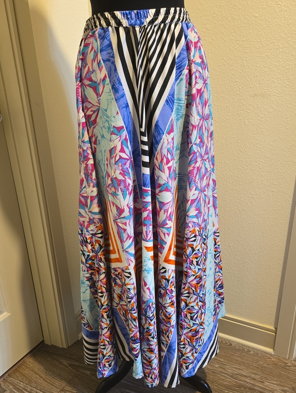 Vibrant Multicolor Maxi Skirt with Floral & Stripe Panels
